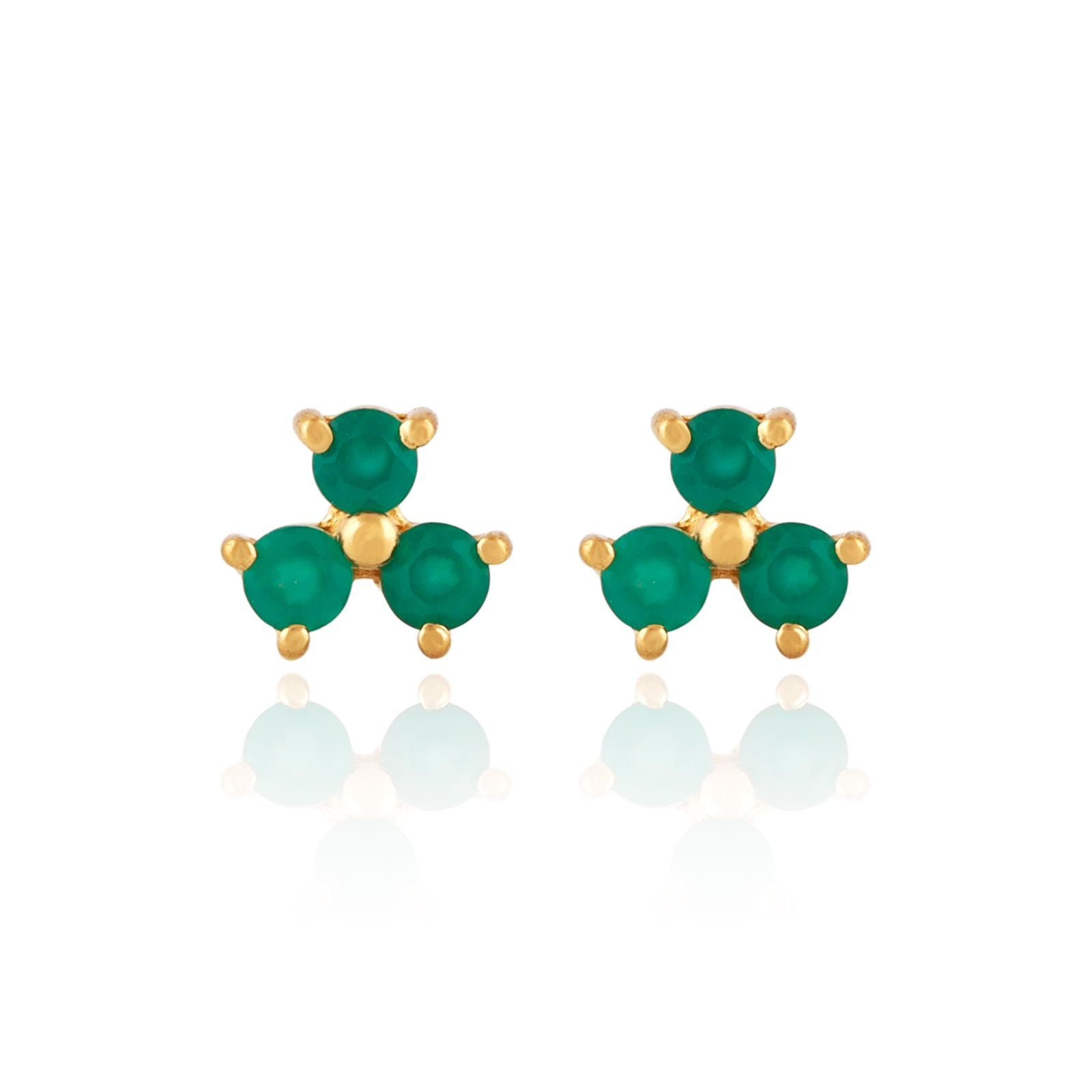 Tri Stone Mini Stud Earring - Green Onyx Gold