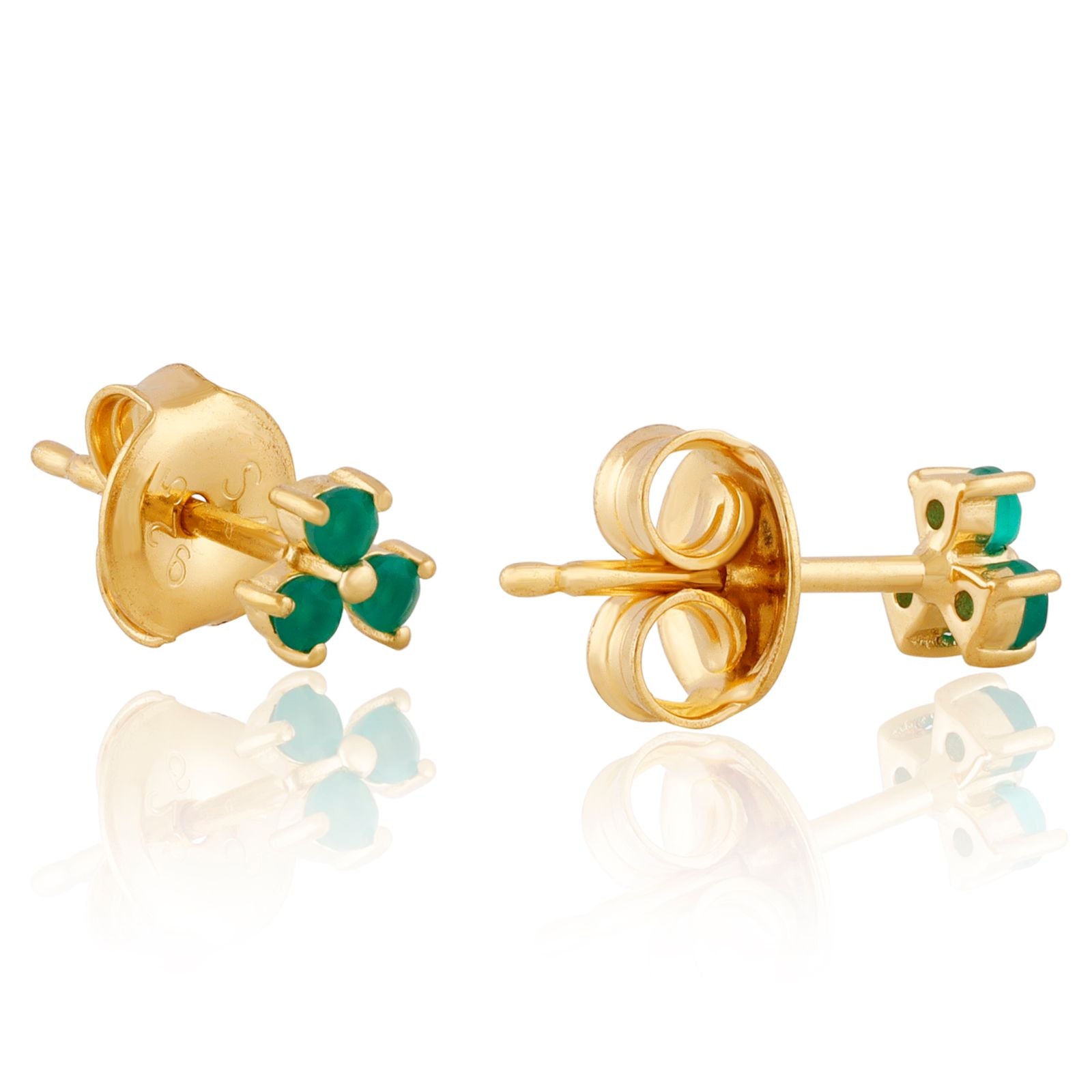 Tri Stone Mini Stud Earring - Green Onyx Gold