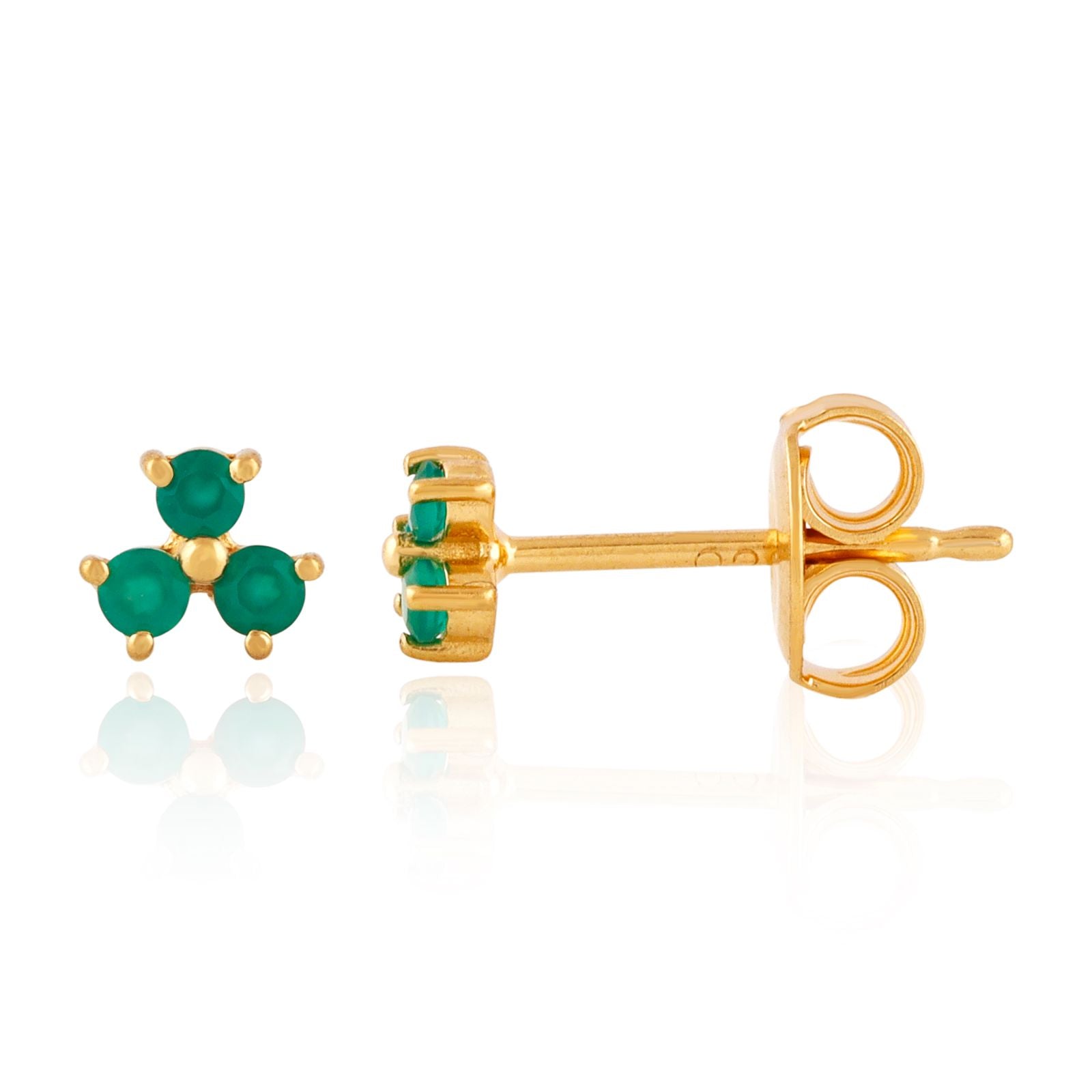 Tri Stone Mini Stud Earring - Green Onyx Gold